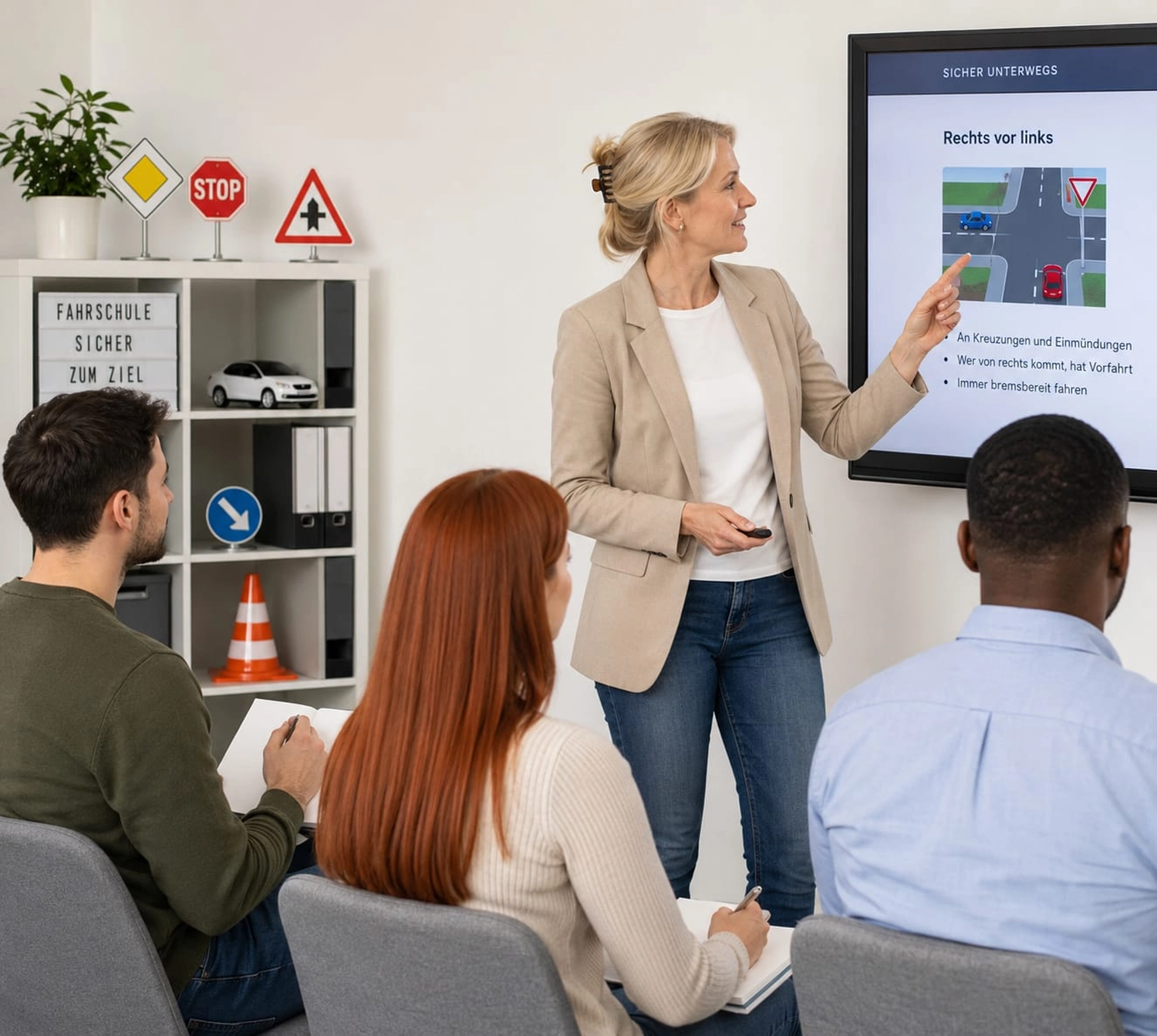 Fahrschule Two for You GmbH – Klassenzimmer für theoretische Fahrstunden. Eine Frau in beigem Blazer und blauen Jeans erklärt den Fahrschülern die Verkehrsregeln.