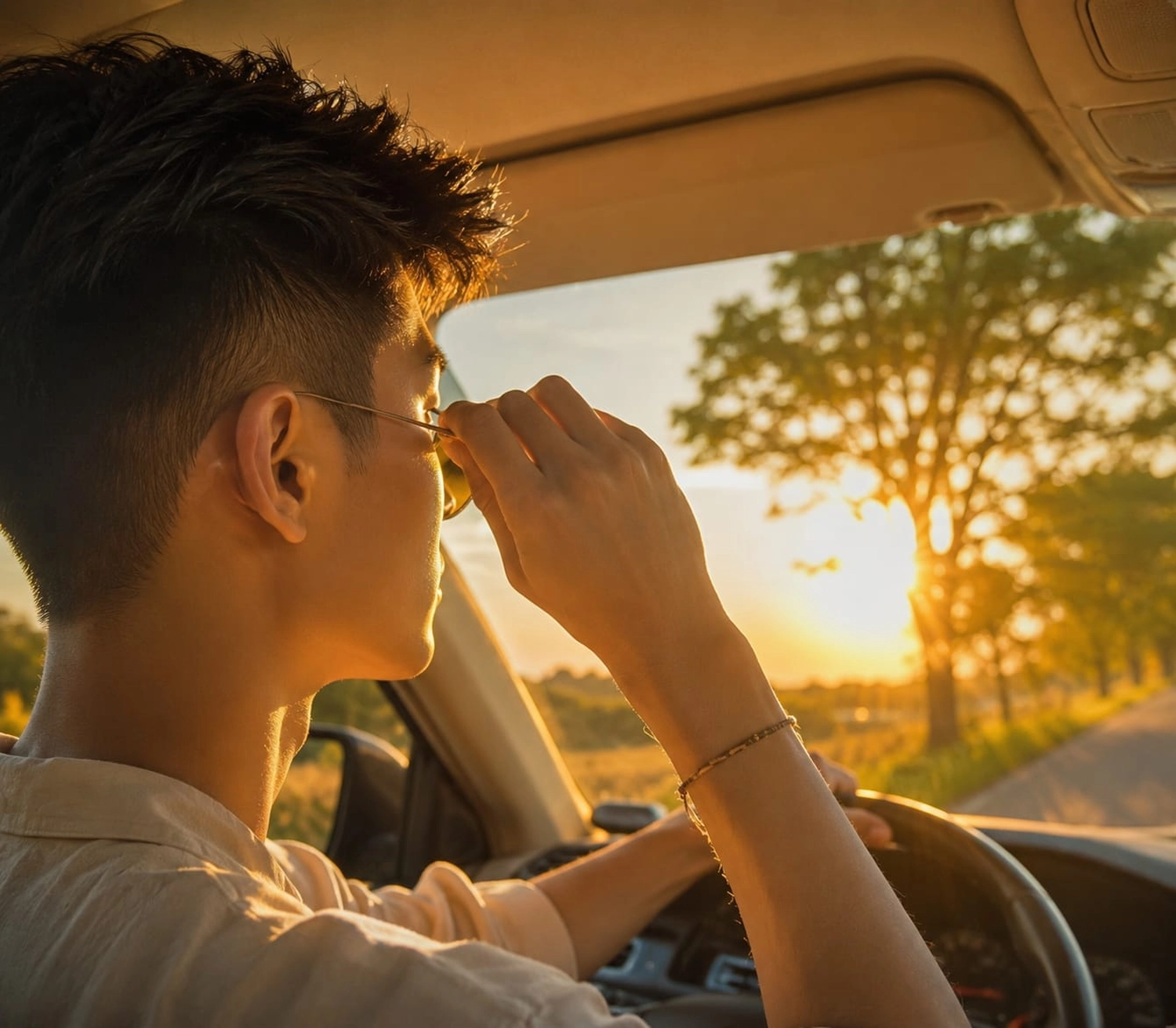 Fahrschule Two for You GmbH – Dieses Bild erinnert an eine stilisierte Aufnahme einer Person, die im Sonnenuntergang Auto fährt.